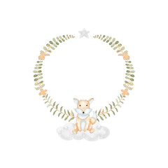Watercolor illustration cute fox with floral frame for nursery and baby shower