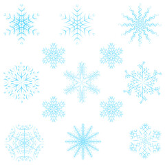 Fototapeta na wymiar Collection of a festive winter blue snowflakes on a white backrgound for New year and Christmas decor vector illustration.