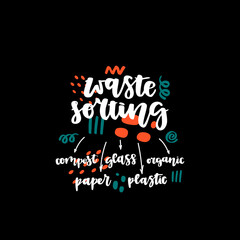 Hand drawn lettering - waste sorting .Vector illustration. Eco style.