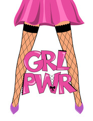 Girls power vector poster. GRL PWR is an abbreviation and women's legs in stockings and shoes, a bright stylized cartoon style illustration. Motivational feminist banner and a picture for typography.