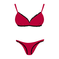 Set of women's underwear. Red panties and bra with lace. Elegant and feminine lingerie, bikini, swimsuit. Vector illustration in a cartoon flat style.