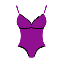 Women's underwear. Lilac colored bodysuit with lace. Elegant and feminine lingerie, body, swimsuit. Vector illustration in a cartoon flat style.