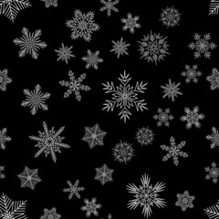Snowy Christmas seamless pattern on a dark background, white snowflake for textiles