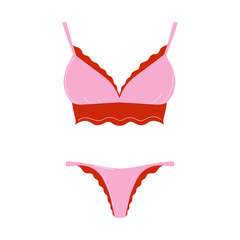 Set of women's underwear. Pink panties and bra with red lace. Elegant and feminine lingerie, bikini, swimsuit. Vector illustration in a cartoon flat style.