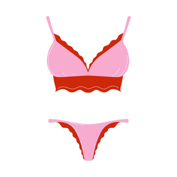 Set of women's underwear. Pink panties and bra with red lace. Elegant and feminine lingerie, bikini, swimsuit. Vector illustration in a cartoon flat style.