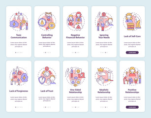 Toxic relationship onboarding mobile app page screen. Abusive and selfish partner walkthrough 5 steps graphic instructions with concepts. UI, UX, GUI vector template with linear color illustrations