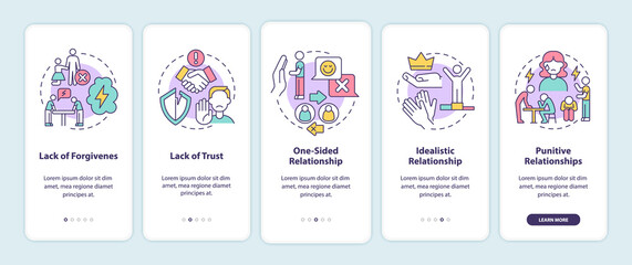 Toxic relationships types onboarding mobile app page screen. Punitive and idealistic walkthrough 5 steps graphic instructions with concepts. UI, UX, GUI vector template with linear color illustrations