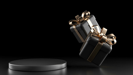 Modern Black And Golden Gift Boxes And Podium. Empty Space Background - 3D Illustration