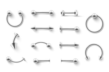 Metallic piercing jewellery realistic set vector illustration. Beauty jewelry, accessories, earrings