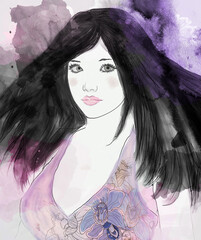 Watercolor painting portrait of a young brunette with blue eyes 