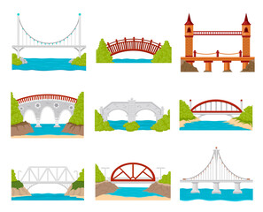 Construction river bridges set vector flat illustration. Industrial gate connection of two shores