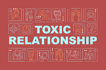 Naklejka premium Abusive relationship word concepts banner. Forgiveness and trust lack. Infographics with linear icons on red background. Isolated creative typography. Vector outline color illustration with text