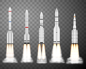 Realistic space rockets taking off collection vector hi tech flying shuttles with burning fire