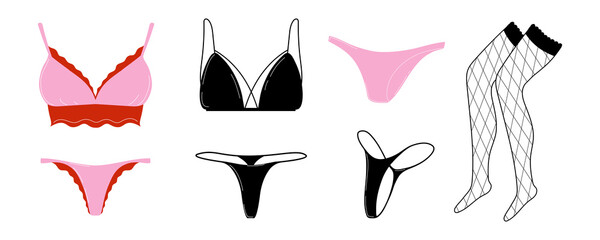 Collection of women's underwear. Elegant lingerie sets, panties, bras and fishnet stockings. The concept of femininity and beauty. Vector illustration in a cartoon flat style.