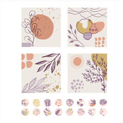 Abstract decor with plants. A set of spotted flowers in the boho style. Creative templates for social networks