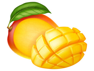 Fresh ripe mango: whole and slices isolated on white background. Vector illustration.