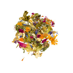Flower-herbal tea. Isolated on white background. Dried herbs and flowers are crushed and piled.