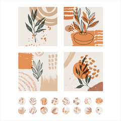 Fototapeta na wymiar Abstract decor with plants. A set of spotted flowers in the boho style. Creative templates for social networks