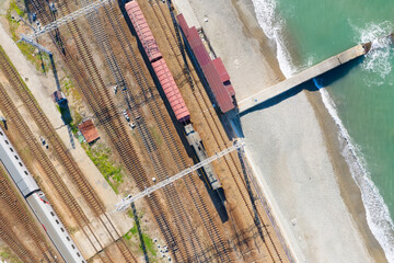 railway road and paths by the sea aerial view.