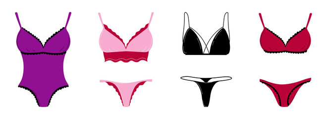 Collection of women's underwear. Elegant lingerie sets, bodysuits, panties and bras. The concept of femininity and beauty. Vector illustration in a cartoon flat style.