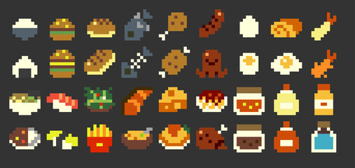Pixel art vector game foods and dishes icon set (color)	