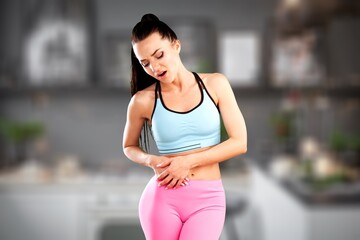 Fototapeta na wymiar Flatulence young woman, girl hand in stomach ache, suffer from food poisoning, abdominal pain