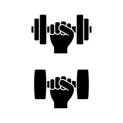 Hand holding dumbbell icon vector illustration set. Gym sport fitness equipment pictogram sign on white background