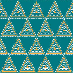 Yellow White Triangle Aztec on Blue Background.