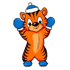 Tiger with big eyes wearing Santa hat, mittens and boots on isolated white background. Christmas illustration for designers, book publishers, for printing on T-shirts, fabrics, phone covers, postcards