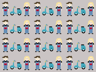 boy and girl cartoon characters standing with motorcycles seamless pattern on gray background