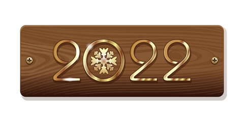 2022 New Year symbol. Gold lettering on polished wooden background. Template for New Year's design. Vector illustration