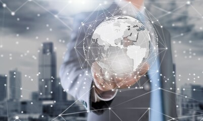 Global communication network concept. Environmental technology. Hand hold a globe