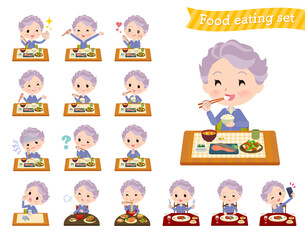 食事に関する青ジャージ高齢女性のセット