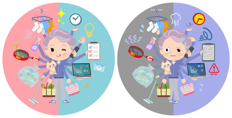 オフィスとプライベートでマルチタスクをこなす青ジャージ高齢女性のセット