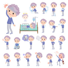 怪我や病気の状態の青ジャージ高齢女性のセット