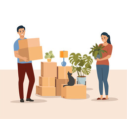 Young man and woman are  holding boxes and plant in the living room. Moving house.  Vector flat style illustration