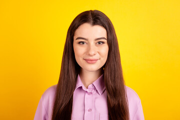 Fototapeta premium Photo of young attractive business lady clever banker attorney good mood isolated over yellow color background
