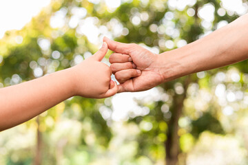 Father holding son's hand in a public garden