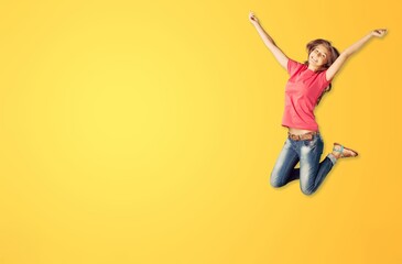 Full body of lady jump on colored background