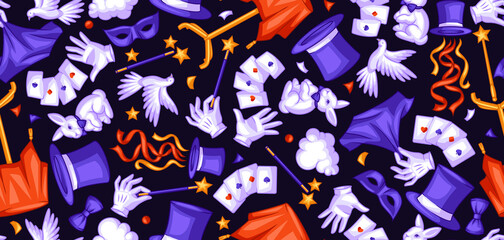 Magician seamless pattern with magic items. Illusionist show or performance background. Cartoon style illustration of tricks. © incomible