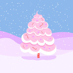 Christmas and new year greeting card with candy christmas tree in flat style