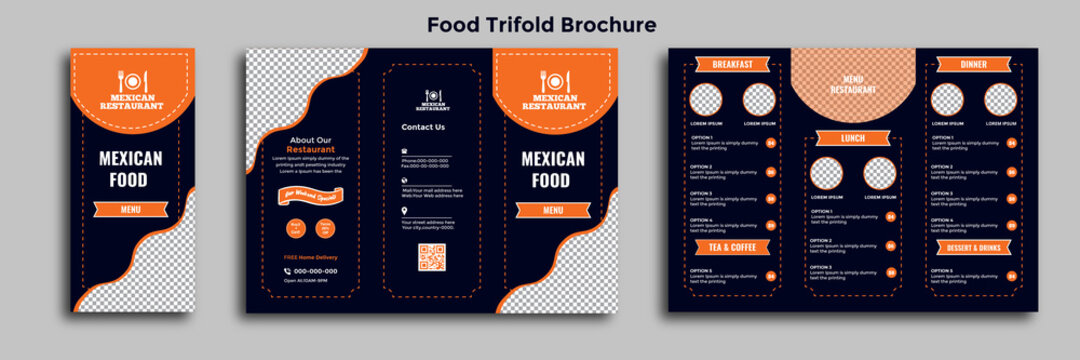 Restaurant trifold food menu pamphlet food delivery brochure design template. Vector trifold fast food healthy meal delicious food, dessert design in A4 size print-ready template.