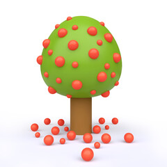 Cartoon green tree with red fruit isolated on white background. Colorful modern minimalistic concept render. Stylized funny children clay, plastic or wood toy. Realistic fashion 3d illustration.