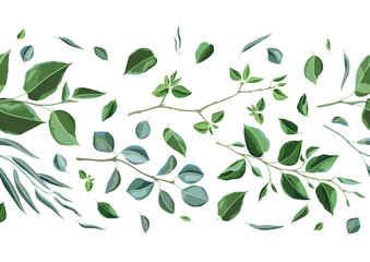 Seamless pattern with branches and green leaves. Spring or summer stylized foliage.