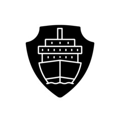 International marine shipping vessel protection black glyph icon. Safe delivery parcels and goods by sea. Clients service. Silhouette symbol on white space. Vector isolated illustration