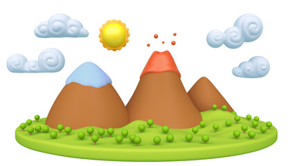 Cartoon nature landscape with volcano isolate on white background. Colorful modern minimalistic concept render. Stylized funny children clay, plastic or wood toy. Realistic fashion 3d illustration. © cgterminal