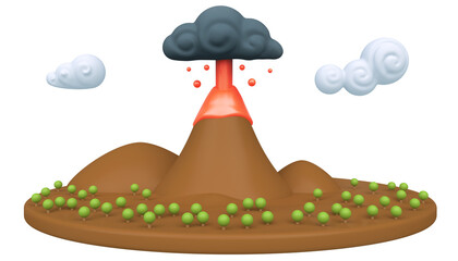 Cartoon nature landscape with volcano isolate on white background. Colorful modern minimalistic concept render. Stylized funny children clay, plastic or wood toy. Realistic fashion 3d illustration.