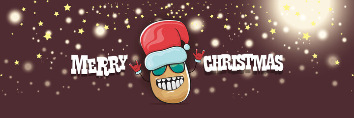 vector funky cartoon smiling santa claus potato with red santa hat and calligraphic christmas text on horizontal night background with blur and lights. vegetable funky christmas food character