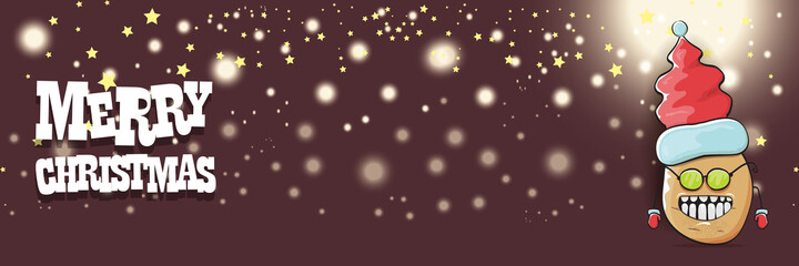 vector funky cartoon smiling santa claus potato with red santa hat and calligraphic christmas text on horizontal night background with blur and lights. vegetable funky christmas food character