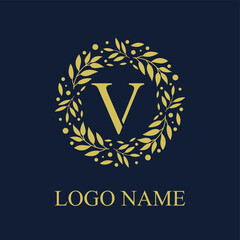 Initial V Letter in Circle Leaves Wreath Frame for Cosmetic, Make up, Fashion, Hotel, Resto, Resort, Real Estate, Apartment Business Logo Vector Template